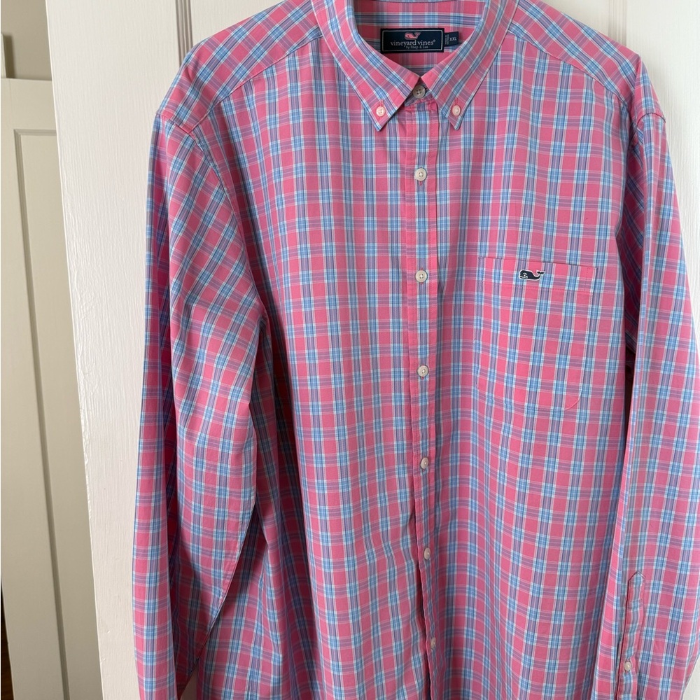 Vineyard Vines Men's Blue and Pink Plaid Shirt